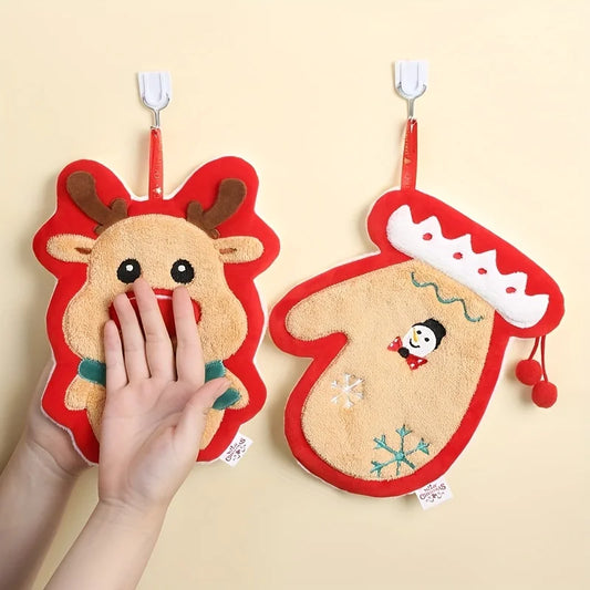 Christmas hand towel hanging style, new thickened coral fleece absorbent quick drying cloth, kitchen embroidery hand towel